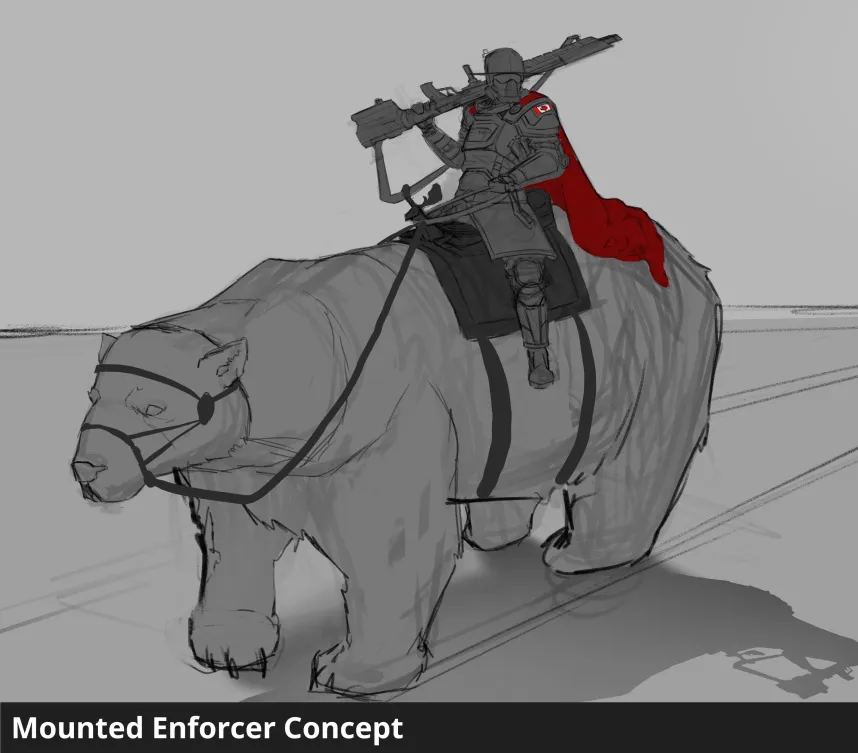 Mounted Enforcer concept: an armoured rider with a Canadian flag and red cape riding a polar bear