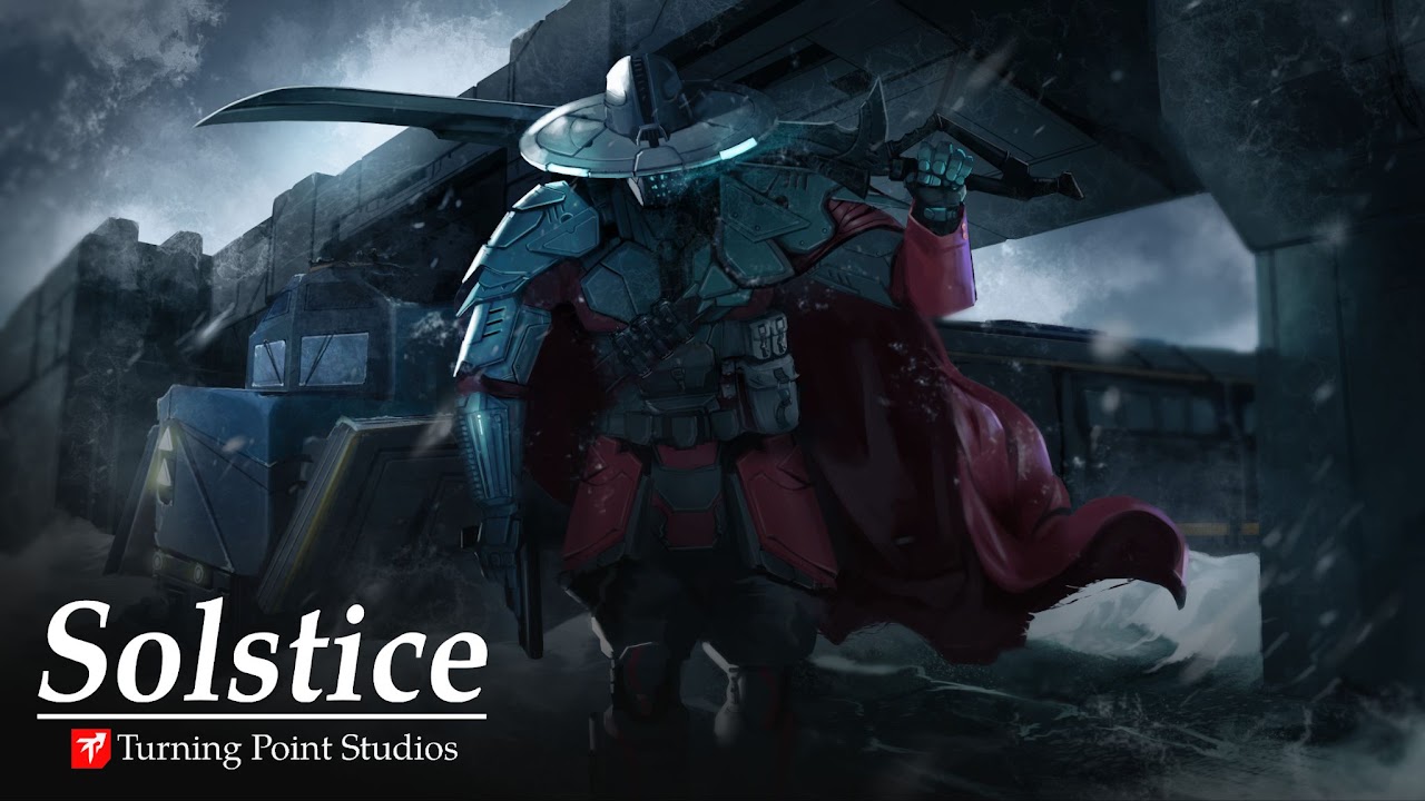 Solstice artwork: an armoured character with a red cape beside a train